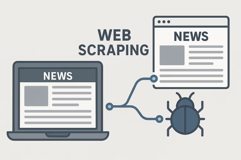 A la izquierda un computador con noticias, la frase web scraping y a la derecha una noticia y un escarabajo